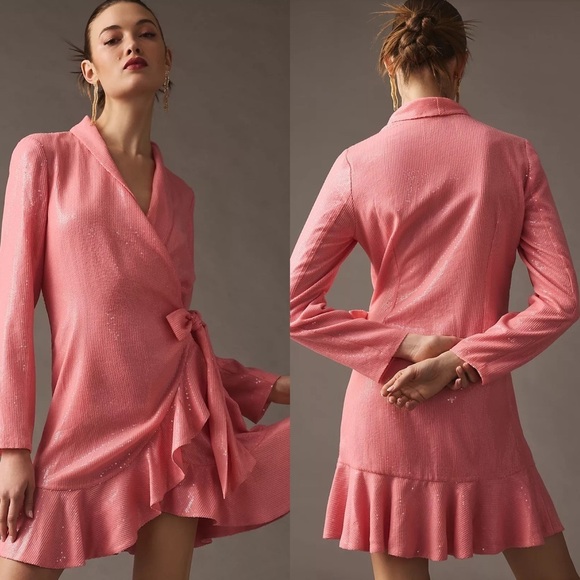 NWT Anthropologie Size Large Vineet Bahl Sequin Wrap Dress Barbie Pink $298